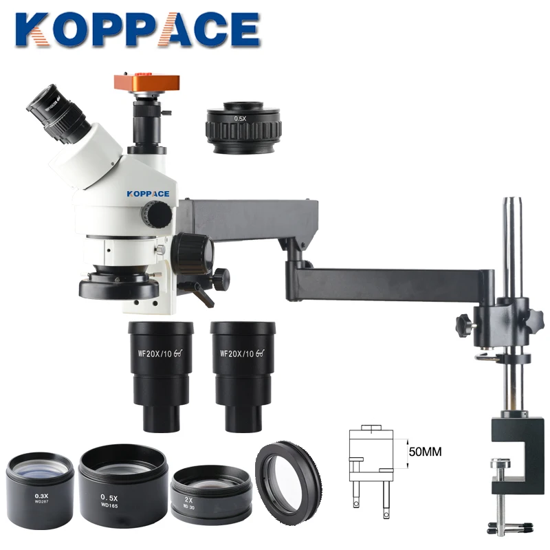 

KOPPACE 2.1X-180X HD 40Million Pixels Stereo Trinocular Video Microscope Industry Mobile phone Repair Microscope Folding Bracket