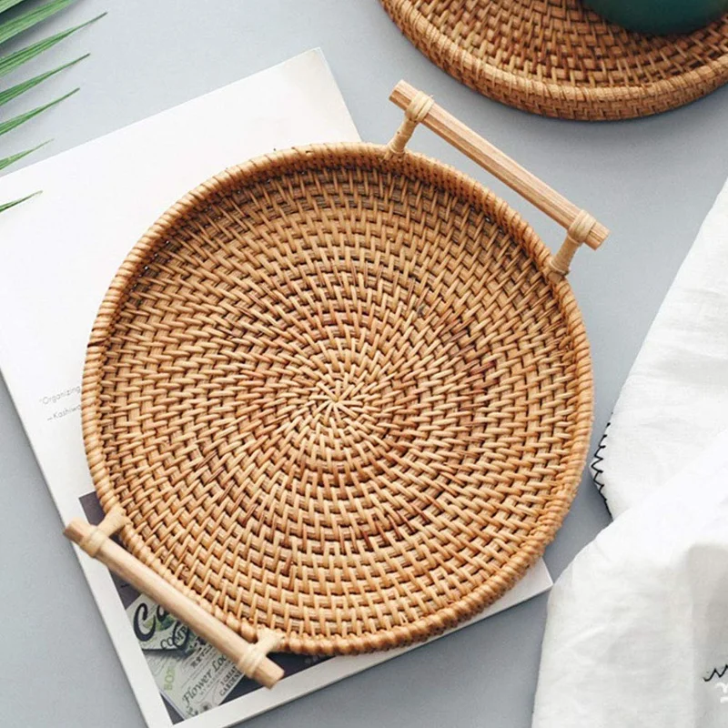 

Rattan Storage Tray, Round Basket with Handle, Hand-Woven, Rattan Tray Wicker Basket Bread Fruit Food Breakfast Display L-ABUX