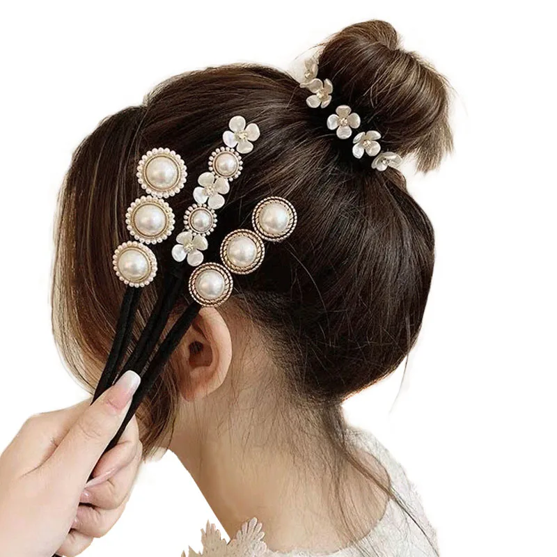 Женский простой пучок для волос цветочный жемчужный пончик палочка сделай сам