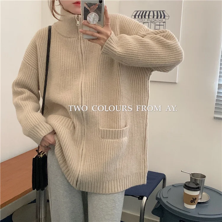 

Loose and Thick Warm Design Zipper Sweater Coat Autumn and Winter Medium Long Sleeve Sweater Women
