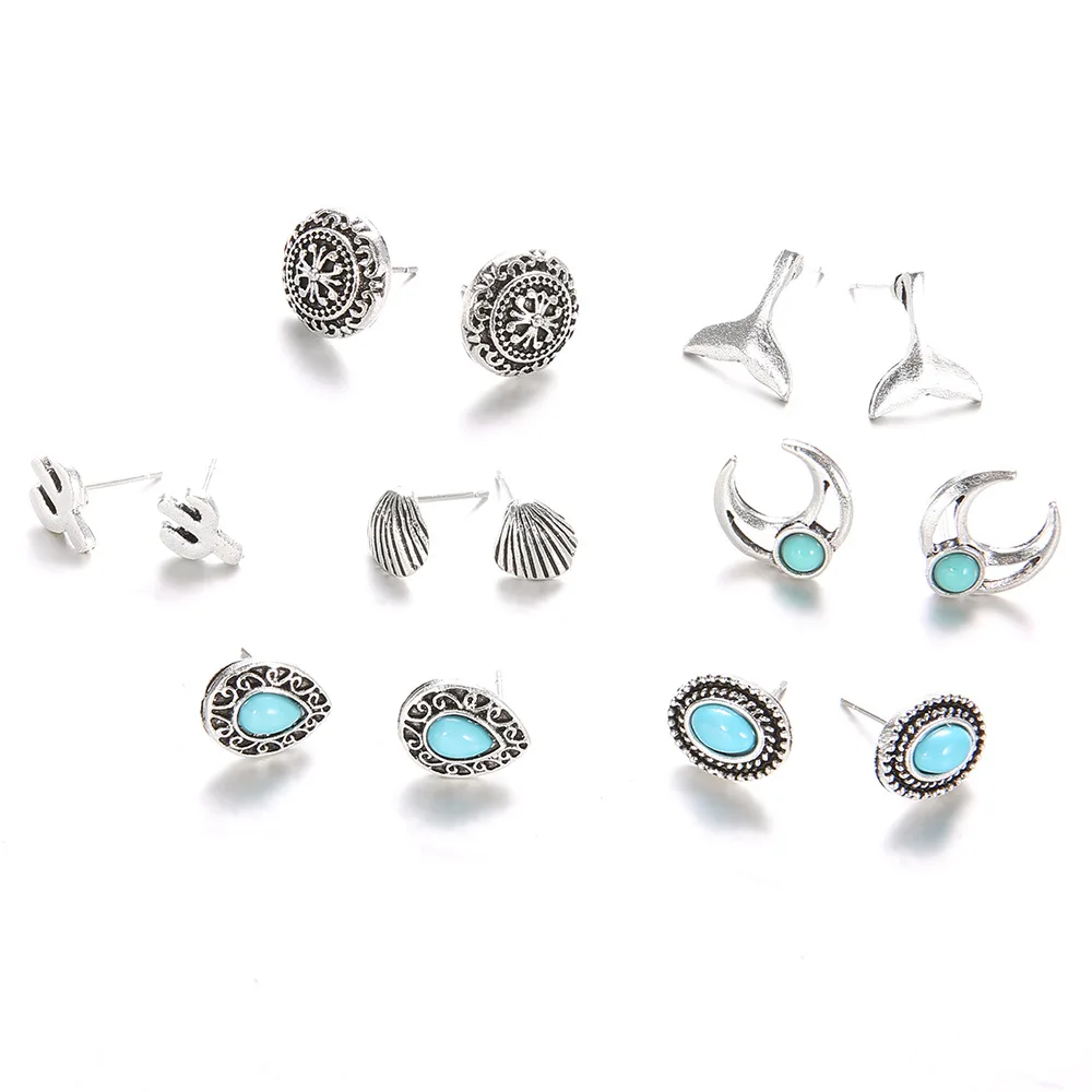 

7 Pairs Love Shell Turquoise Whale Tail Ear Studs Earrings Fashion Jewelry