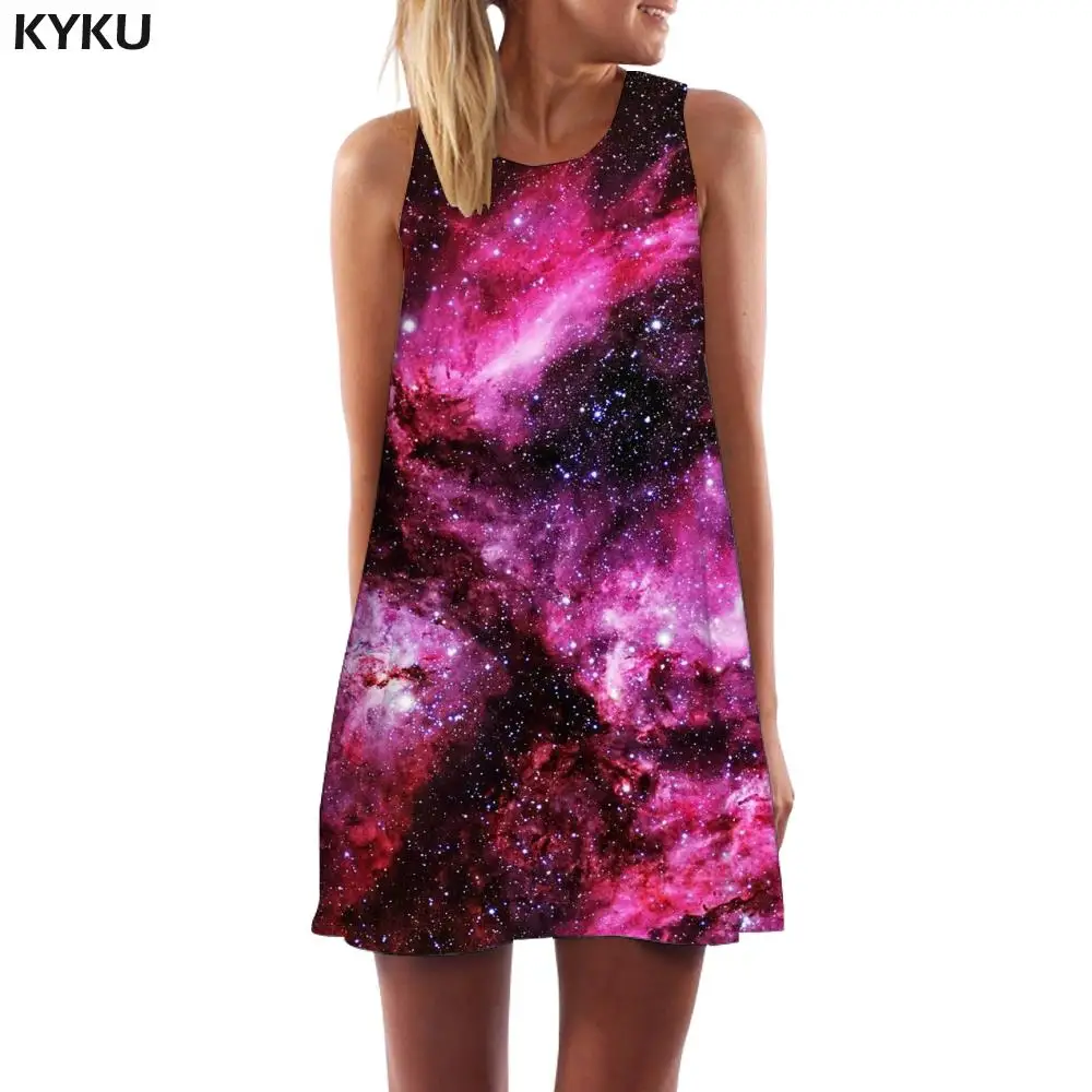 KYKU Brand Galaxy Dress Women Nebula Ladies Dresses Universe Beach Space 3d Print Womens Clothing Elegant Sleeveless Tunic