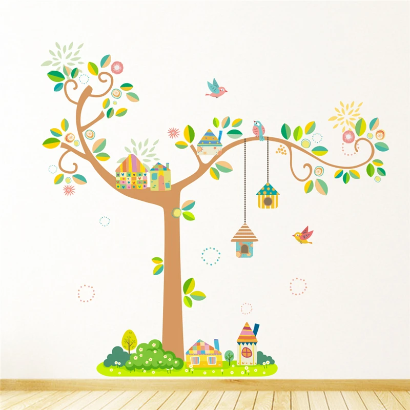 

Настенная Наклейка с птицами, клеткой, цветочным деревом, для детского сада, детской комнаты, спальни, домашний декор, детская роспись с живо...