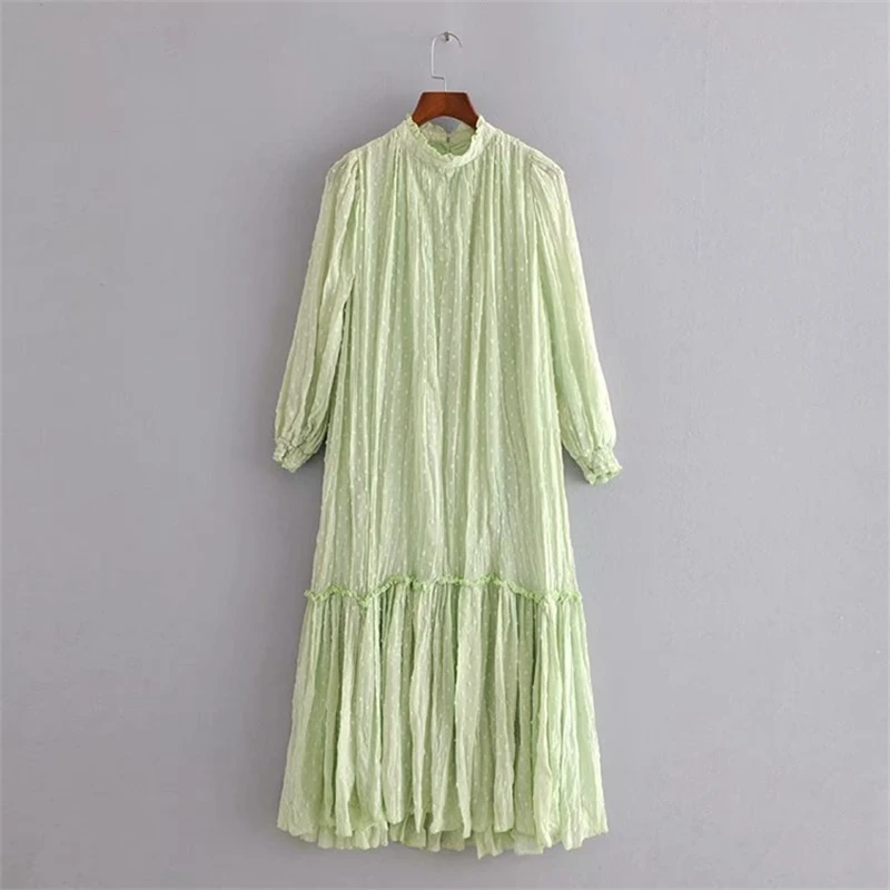 

YOSICIL Women Embroidery Dot Long Dress Long Sleeve Loose Pleated Dress Solid Casual Dress Sundress Ropa De Mujer