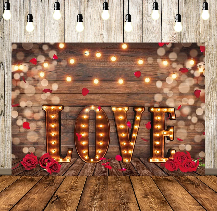 

Love Backdrop Valentine Wooden Board Rose Petals Background Vintage Romantic Wedding Couple Girl Bridal Shower Baby Shower Party