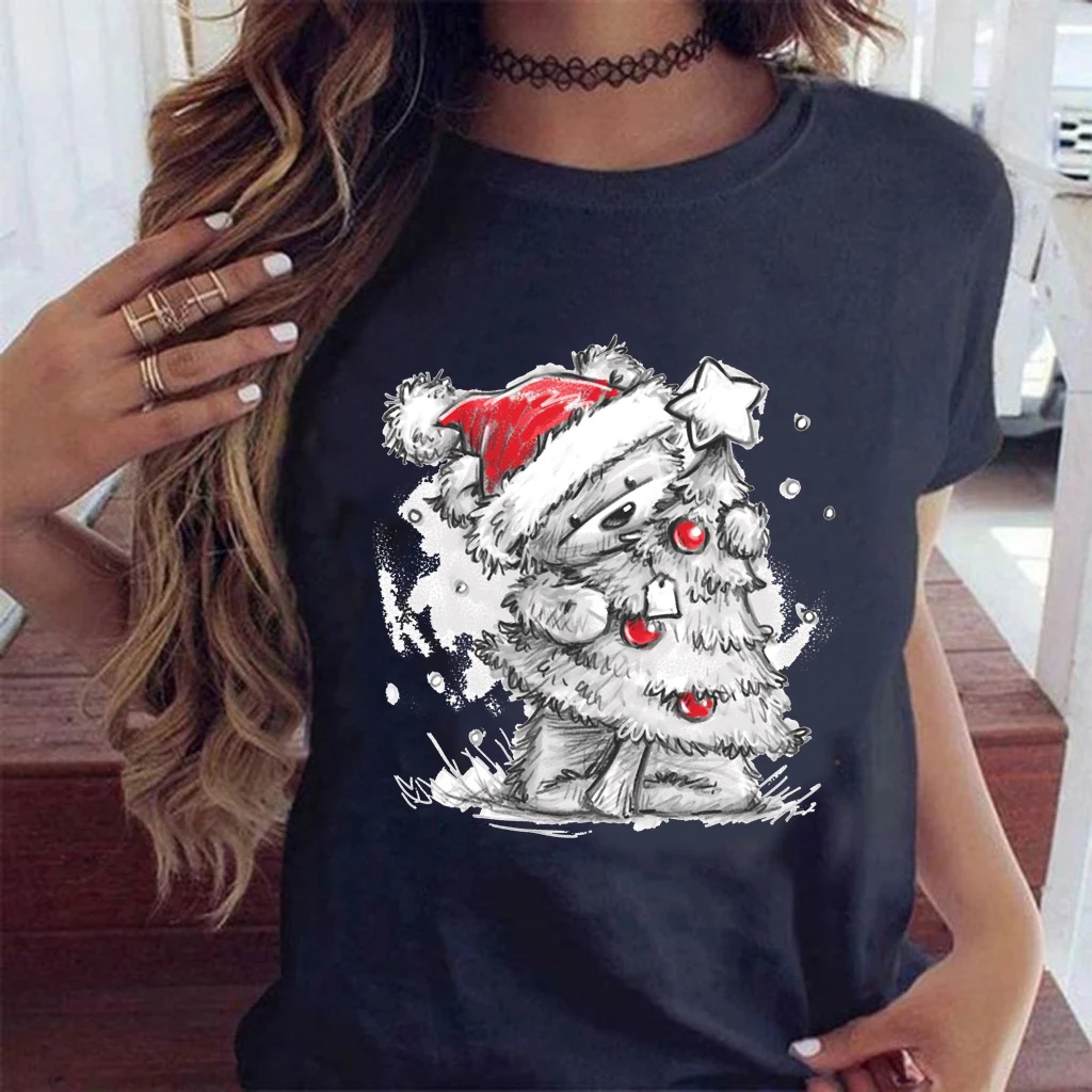 

Топы в стиле Харадзюку унисекс, футболка с милым медведем и графическим принтом, женская черная футболка с надписью на Рождество, праздник, ...