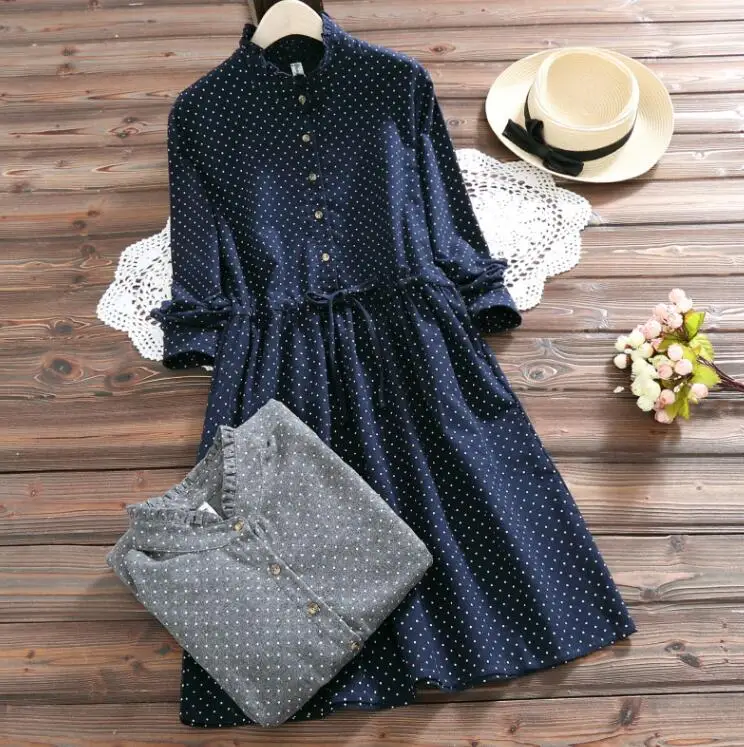 Navy blue Женское трапециевидное платье в горошек, повседневное приталенное эластичное платье средней длины с поясом на резинке и воротником-стойкой - Цвет: Navy blue