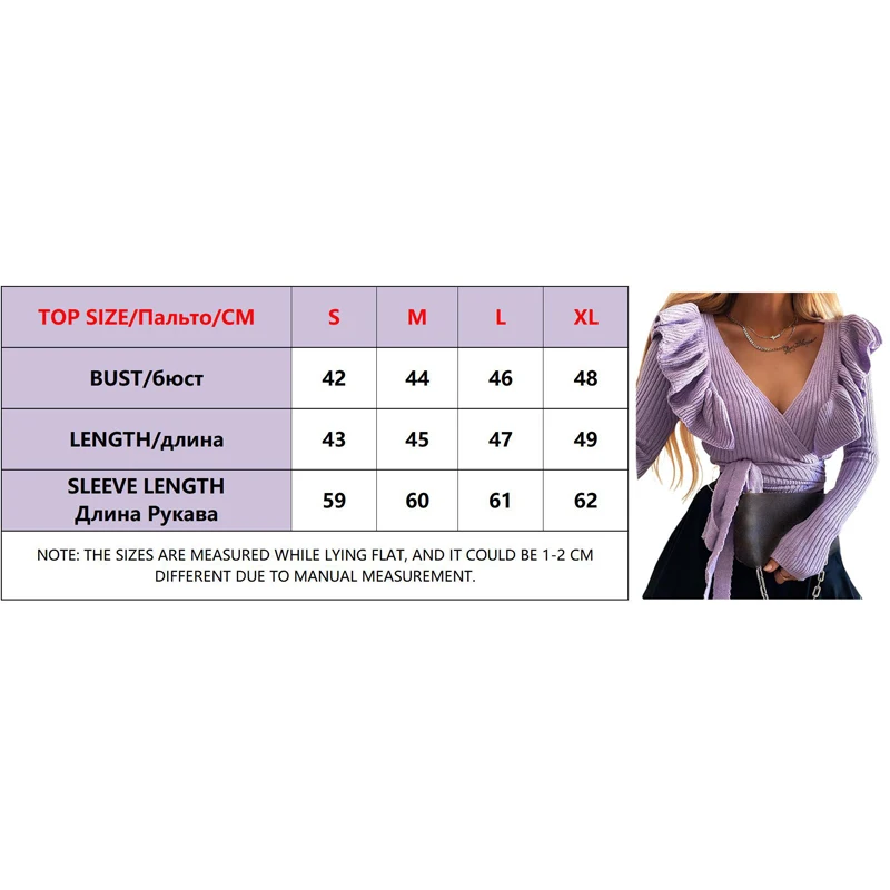 

Fashion Spring Autumn Pure Color Long Sleeve Sweater Elegant V-Neck Pullover Slim Pullover Bandage Tops Casual Women Ruffle Top