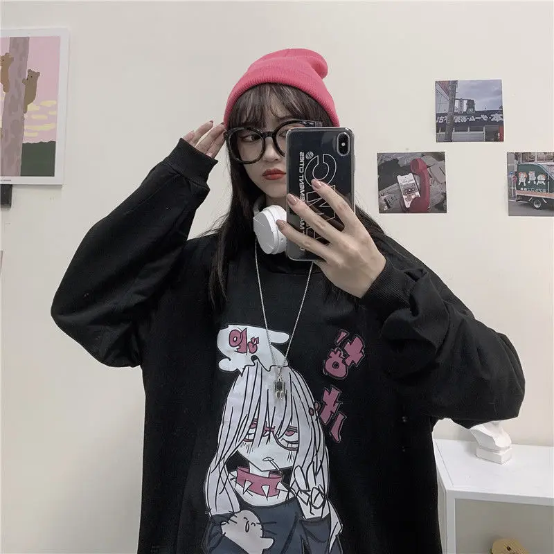 

Casual BF Hoodies Women Cute Cartoon Black White Japan Pullover Hoodie Coat Long Sleeve Gothic Kawaii Hoodie Kpop