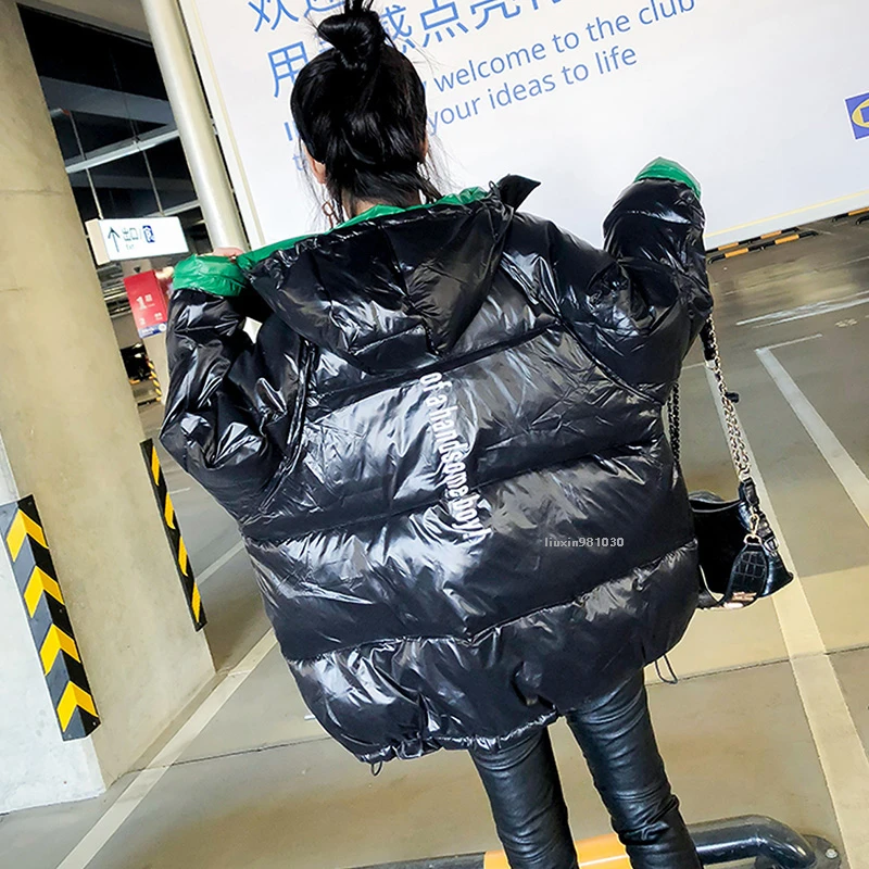 Черное зимнее пальто в стиле оверсайз женские свободные парки с капюшоном и