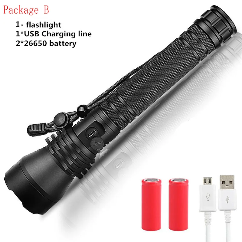 With 2 26650 Battery Мощный XHP70.2 светодиодный фонарик XHP50 с подзарядкой от USB, масштабируемый водонепроницаемый фонарь с батареей 18650 26650 для охоты - Испускаемый цвет: With 2 26650 Battery