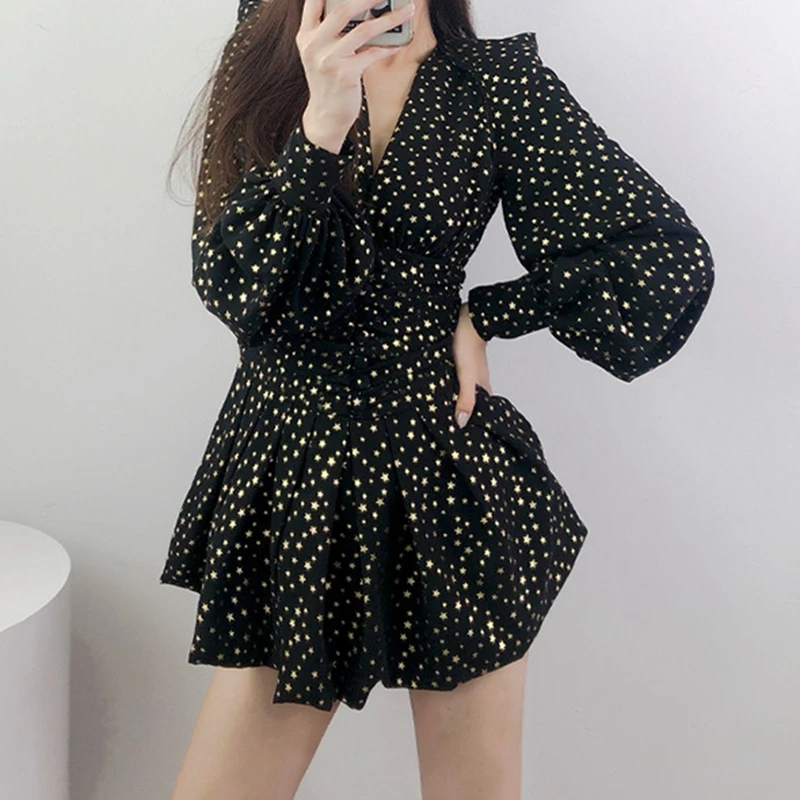 

2020 Fall Woman Black Short Dress Sexy V Neck Stars Printed Dresses