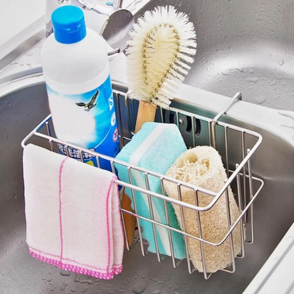 

Stainless Steel Sink Caddy Kitchen Storage Basket Hanging Organizer Drain Rack for Cleaning Cloth Brush Sponge