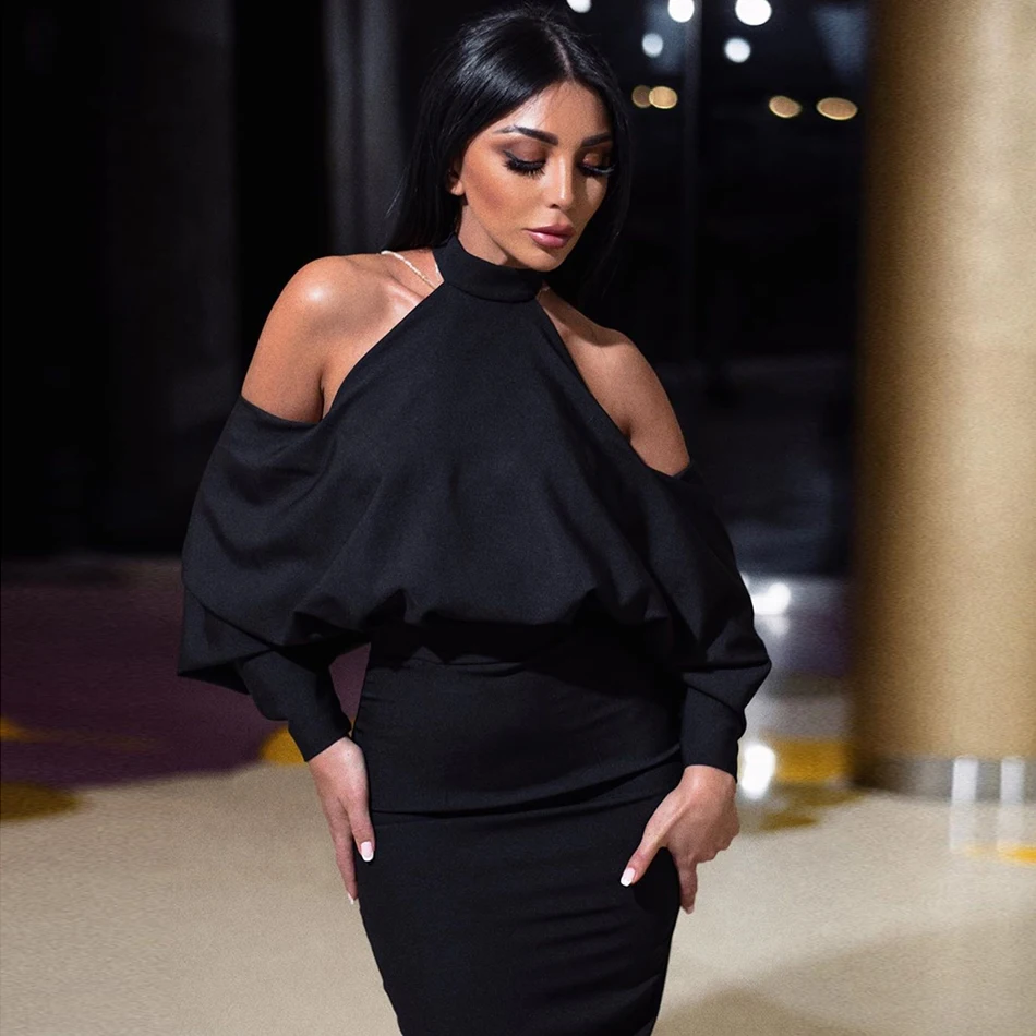 

2020 Winter New Women'S Sexy Hanging Neck Lantern Long Sleeve Halter Strapless Pearl Chain Tight Dress Split Banquet Dress
