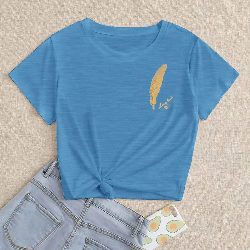 Женская летняя футболка с принтом перьев коротким рукавом Повседневная Туника