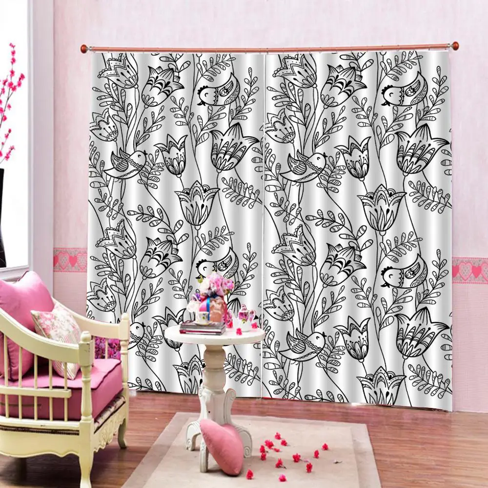 

3d curtains grey flower and birds curtains 3D Blackout Curtains For Living room Bedding room Drapes Cotinas para sala
