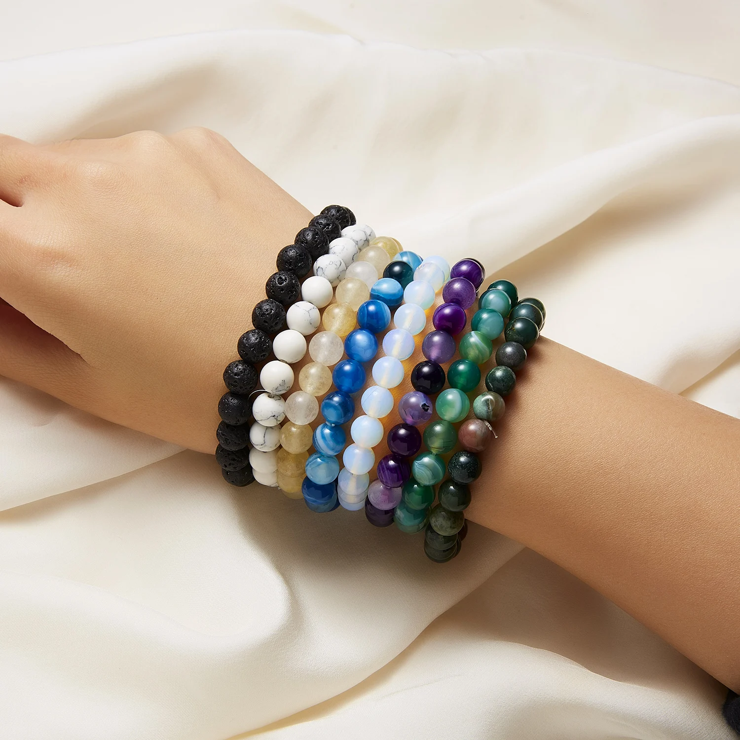 

Fashion Colorful Natural Stone Bracelets Indian Natural Stone Amethysts Beaded Unisex Round Jewelry Stretch Bracelets Bangles