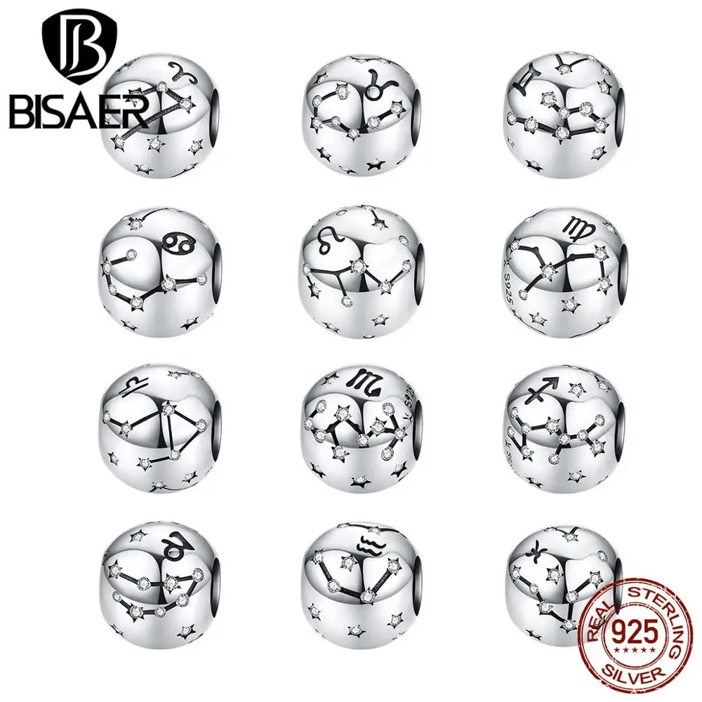 BISAER модный знак зодиака, 925 пробы, серебро, 12 бусины с созвездием, амулеты, модные DIY аксессуары, лучший подарок HSC1218