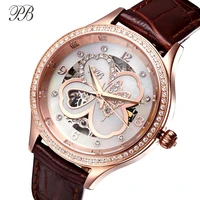 pb mechanical automatic women watches luxury four leaf clover crystal ladies watch leather strap waterproof rel%c3%b3gio feminino