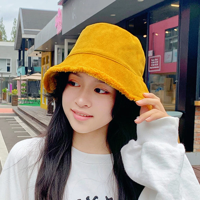 

Femlae Fisherman Hat Fur Warm Female Hat Ear Protection Lamb Fur Women Bucket Hat Outdoor Sun Hat Panama Hat High Qualitty Cap