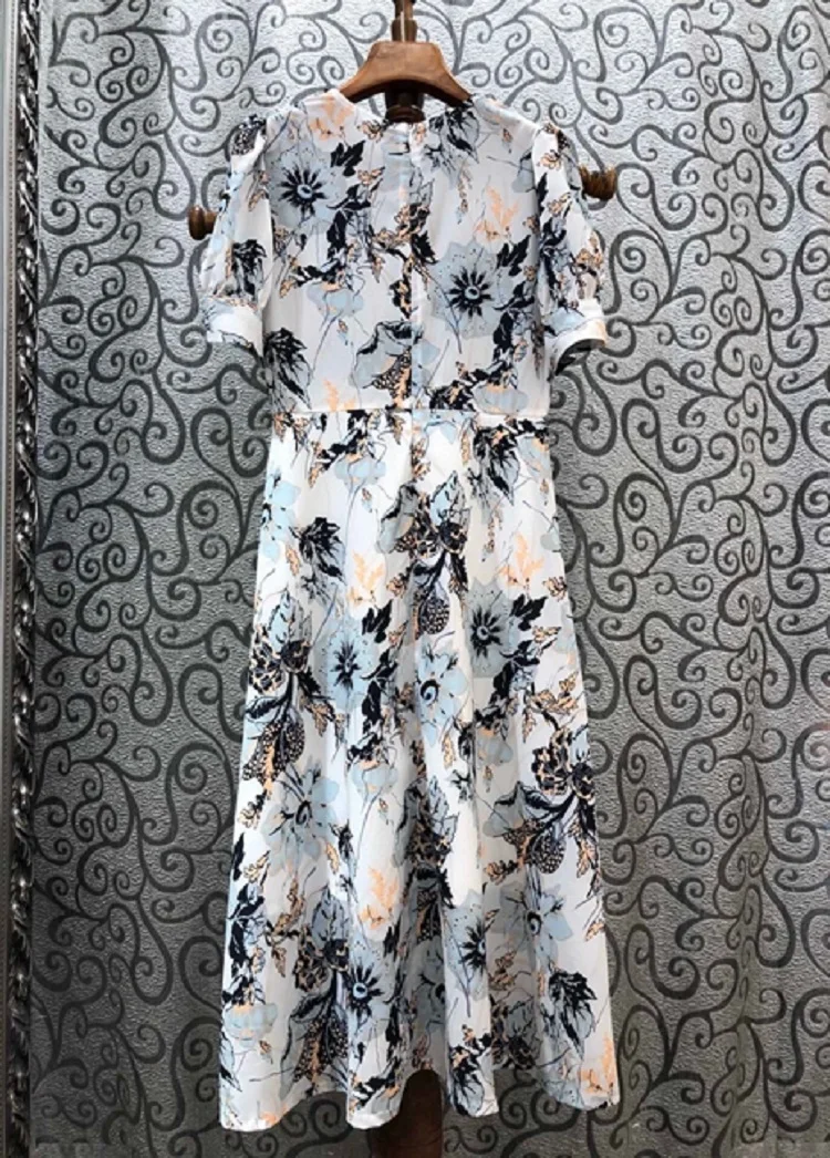 

High Quality Silk Dress 2020 Summer Style Women V-Neck Exquisite Print Tunic Buttons Deco Short Sleeve Mid-Calf Length Dress XL