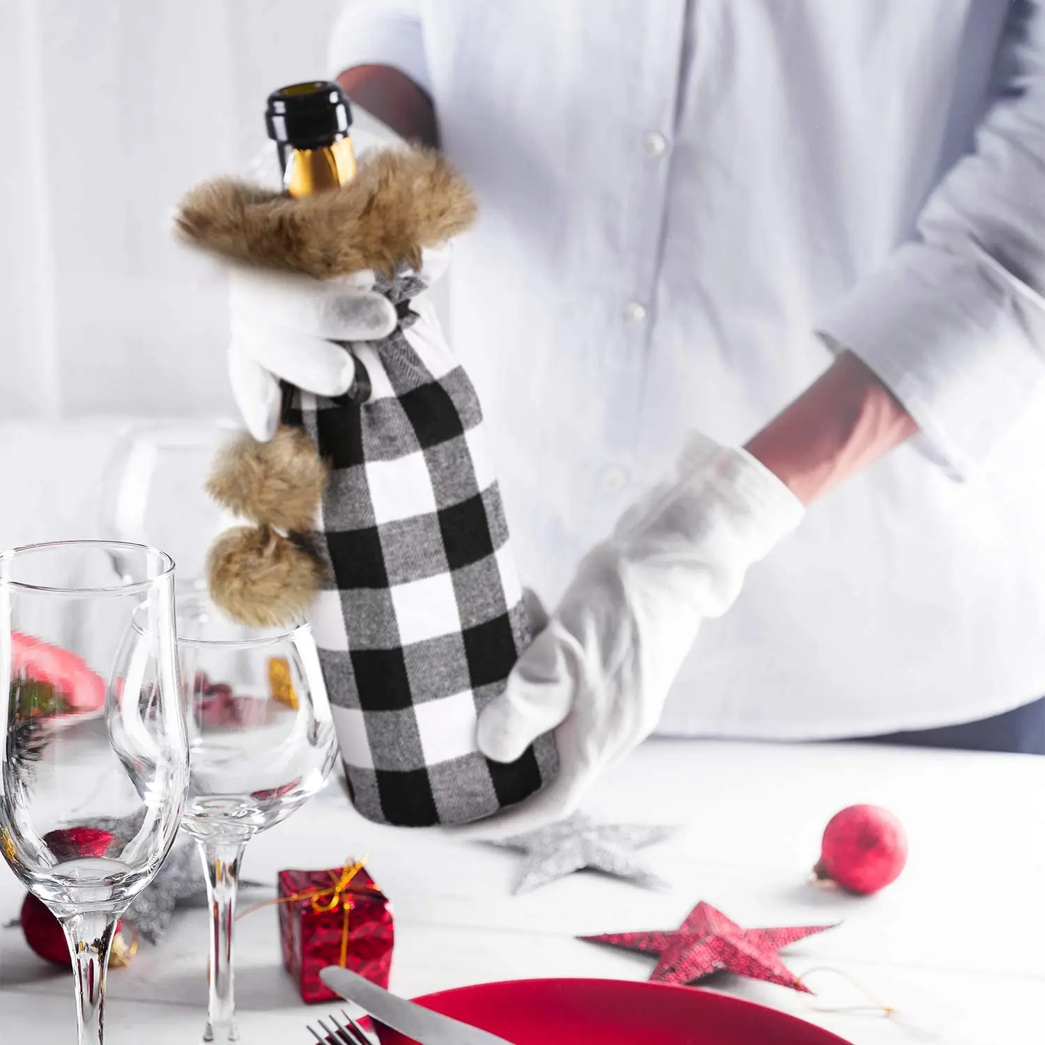 6 шт./компл. Рождественская клетчатая крышка в виде буйвола для винной бутылки