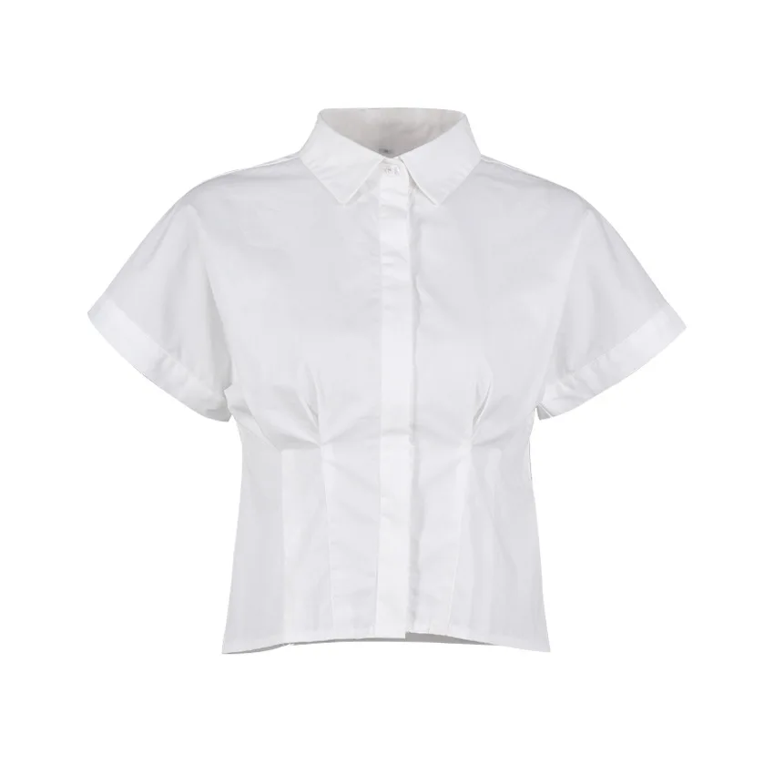 

Women Shirts 2021 New FashionTurn Down Collar White Bat Sleeve Shirt Waist Slim Short-sleeved Button Up Shirt Office Lady Casual