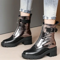 2020 high top casual shoes women genuine leather chunky high heels motorcycle boots female winter round toe platform pumps shoes