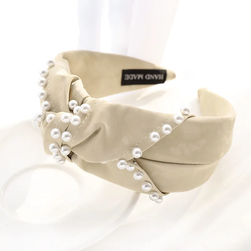 

New Hair Accessories Women PU Leather Headband Wide Hair Hoop Girls Korean Top Knot Bow Unique Pearl Hairband Jewelry
