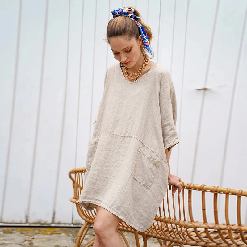 

Dabourfeel Women Summer Shirt Dress Loose Casual Fashion Cotton and Linen Mini Dress With Pockets Beach Style 2021 New