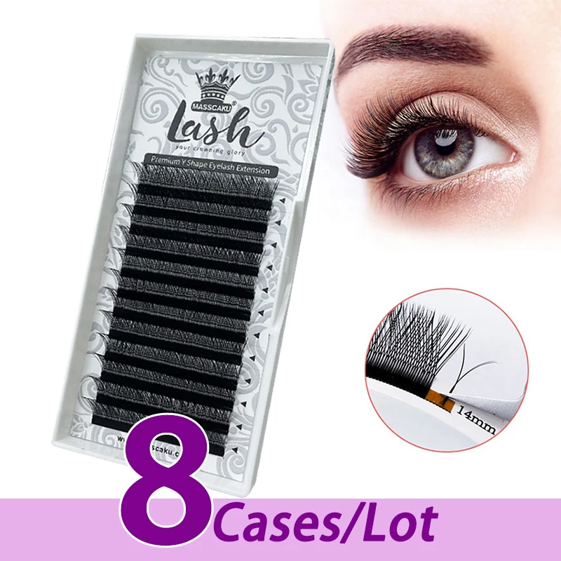 8pcs/lot New style Y lash extension profesional private label custom colored box korean PBT 8-15mm Y Shape eyelash extension