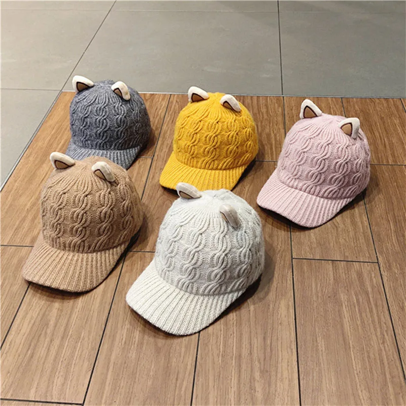 

Autumn Winter Cute Caat Ear Visors Women 7 Colors Knitted Twist Woollen Beanie Hat Street All Match Warm Peaked Caps 54-59cm