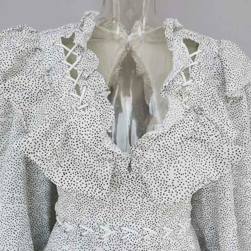 Летнее винтажное платье женское точечный фонарь рукав с оборкой высокой