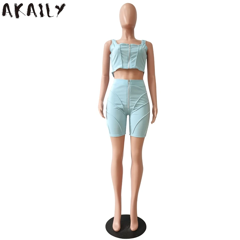 

Akaily Summer Black Striped Patchwork 2 Two Piece Sets Women Tracksuit Outfits White Bodycon Sleeveless Crop Bike Shorts Sets