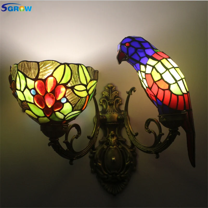 

SGROW Art Deco Wall Sconce Parrot Lamp Tiffany Glass Lampshade Birds Lights for Bedroom Stair Lampara Indoor Lighting Fixture