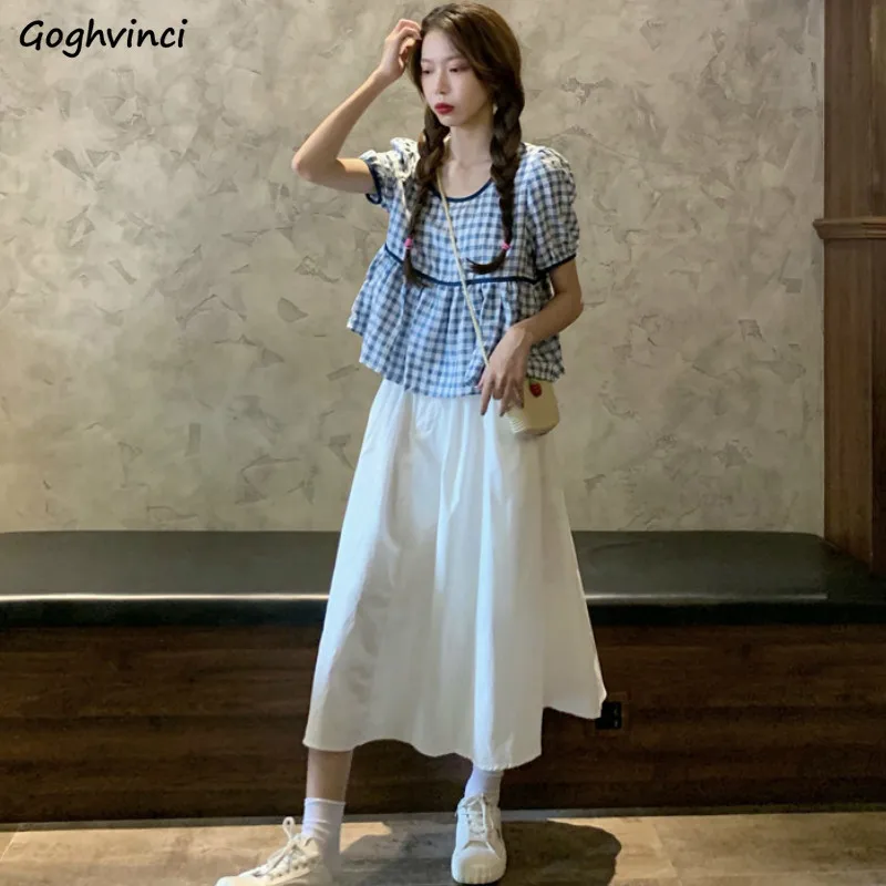 

Женские комплекты, винтажный клетчатый Свободный Топ с пышными рукавами и эластичной талией, простая повседневная юбка в стиле милой детск...