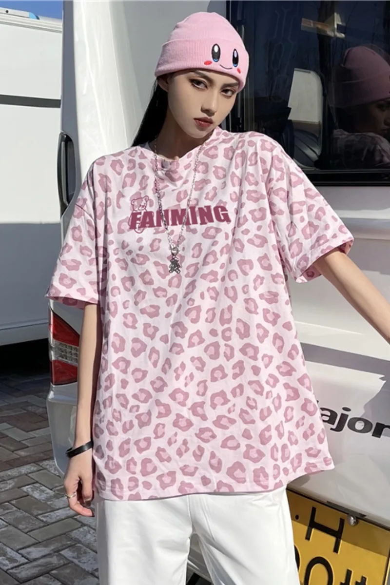 

Leopard print short sleeve women's new summer 2021 South Korean bear letter print student loose top T-shirt fashion