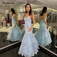 smileven blue mermaid prom dresses sexy spaghetti strap lace formal evening party gowns backless special evening dress