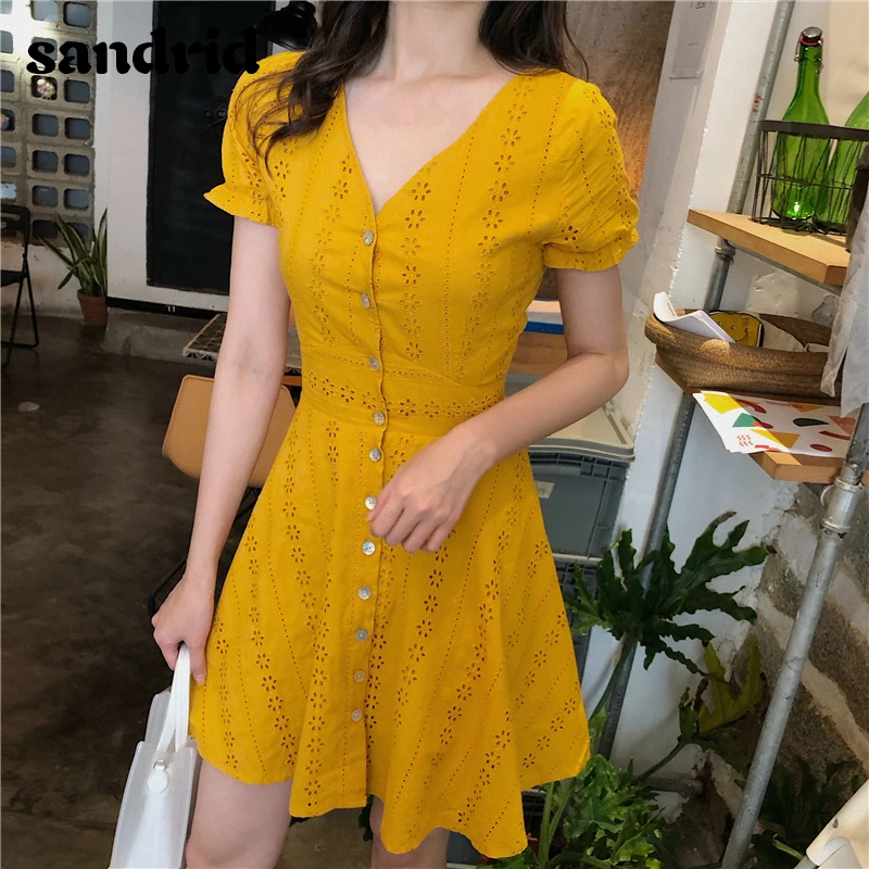Женское хлопковое платье с вышивкой sandrid желтое повседневное мини коротким