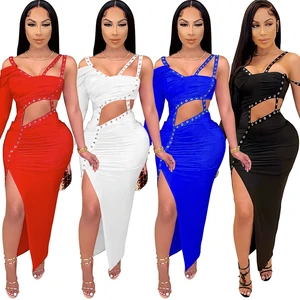 Women Dress One Shoulder Full Sleeve Hollow Out Ankle-Length Sheath Elastic Solid Party Dresses Summ