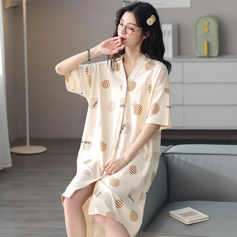 

Polka Dot Women Cotton Nightgown Sexy Turn-Down Shirt Nightdress Knee-Length Loungewear Sleepshirt Skirt Summer Home Dress