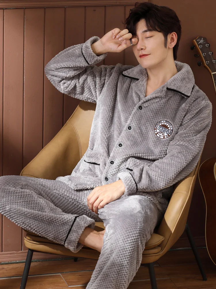 Casual loose sleepwear long sleeve coral fleece thicken warm winter bedroom plus size sleepwear Szata Zestawy Men's Sleep DB60SY