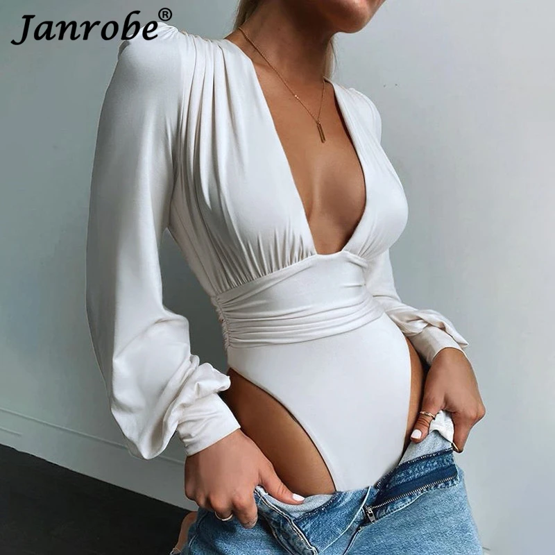 

Janrobe 2021 Fashion Autumn Long Sleeve Bodysuits Women's Sexy V-neck Slim Jumpsuits Female One Piece Bodysuit Casual Clothing
