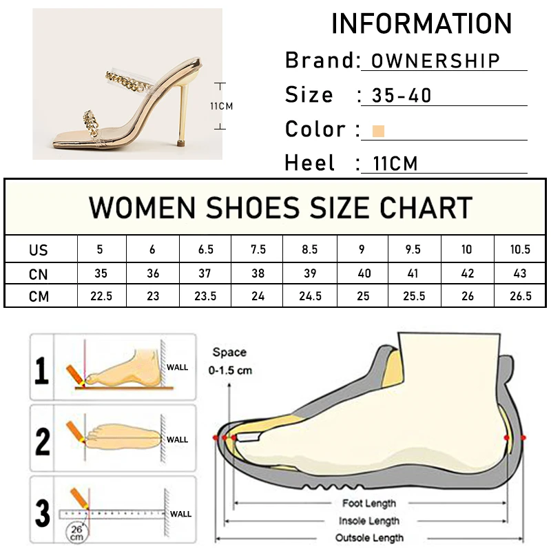 

2021 Women's Chain Slippers Woman Transparent High Heels Women Square Toe Pumps Ladies Outdoor Caual Slides Female Shoes