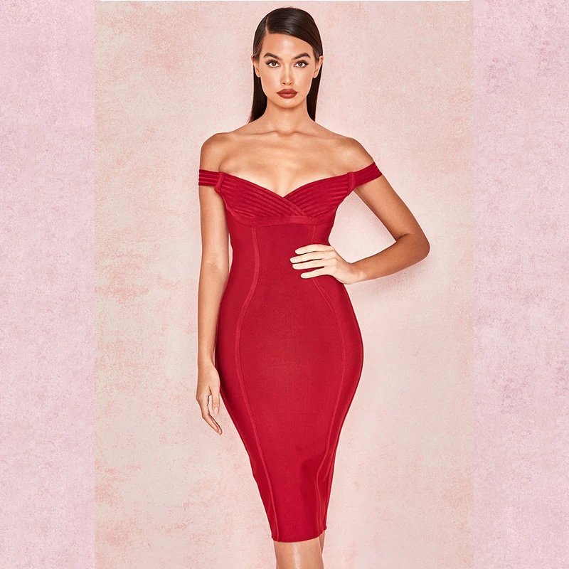 

Sexyboutique bandage dress women off shoulder V neck bodycon red dresses high quality elegant bandage dress for sexy lady party