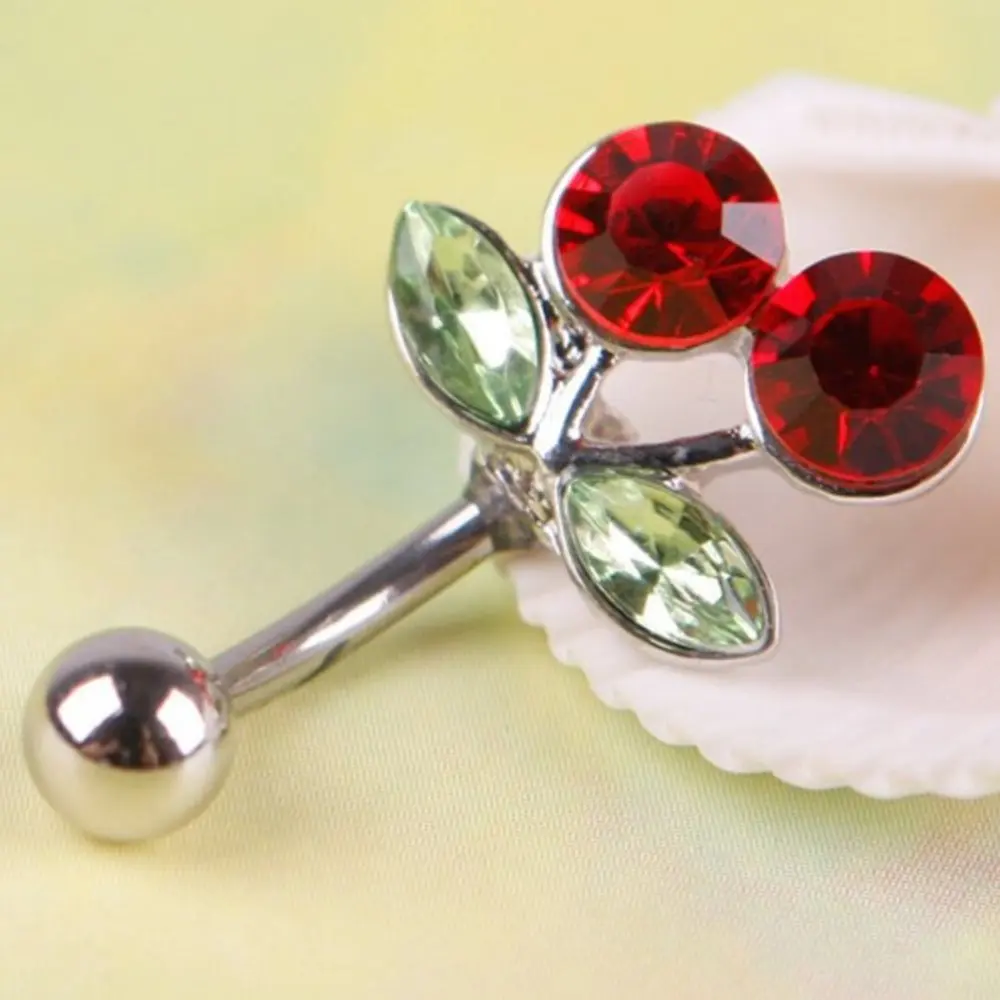 

1Pc Stainless Steel Rhinestone Red Cherry Inlaid Belly Button Navel Belly Button Barbell Ring Body Piercing Jewelry