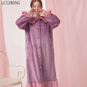 Korean Winter Spring Coral Fleece Women Sleepwear Dress Fashion Loose Button Night Dress Warm Girl Midi Home Clothes