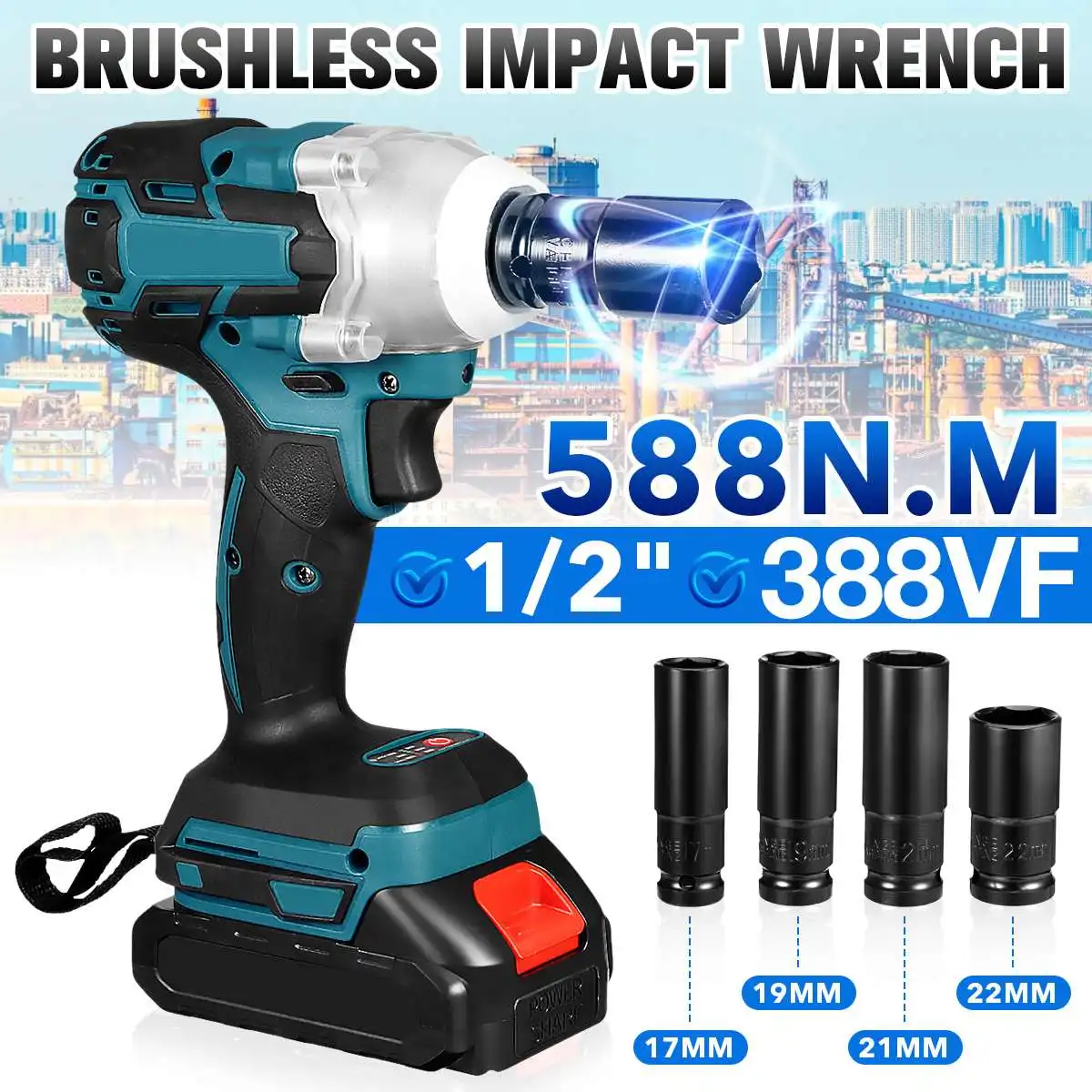 

388vf 588N.m Brushless Cordless Electric Impact Wrench 1/2 inch Power Tool Socket Kit For Home 18800Amh Li Battery