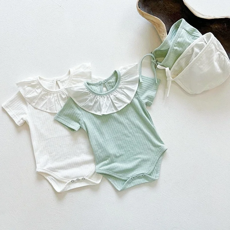 

Baby Romper Girl Short Sleeve Pure Color Lace Rompers 2021 Summer Baby Girl Rompers + Hat Baby Kids Newborn Rompers Clothes