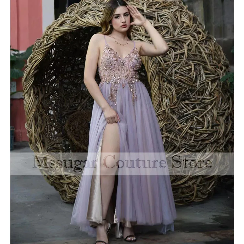 

2021 Spaghetti Straps Prom Dress Backless Appliques Pleat Formal Dresses robe de soirée femme